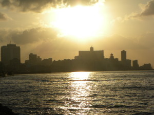 Havana skyline at sunset, dominated by Hotel Nacional. Havana waterfront. 